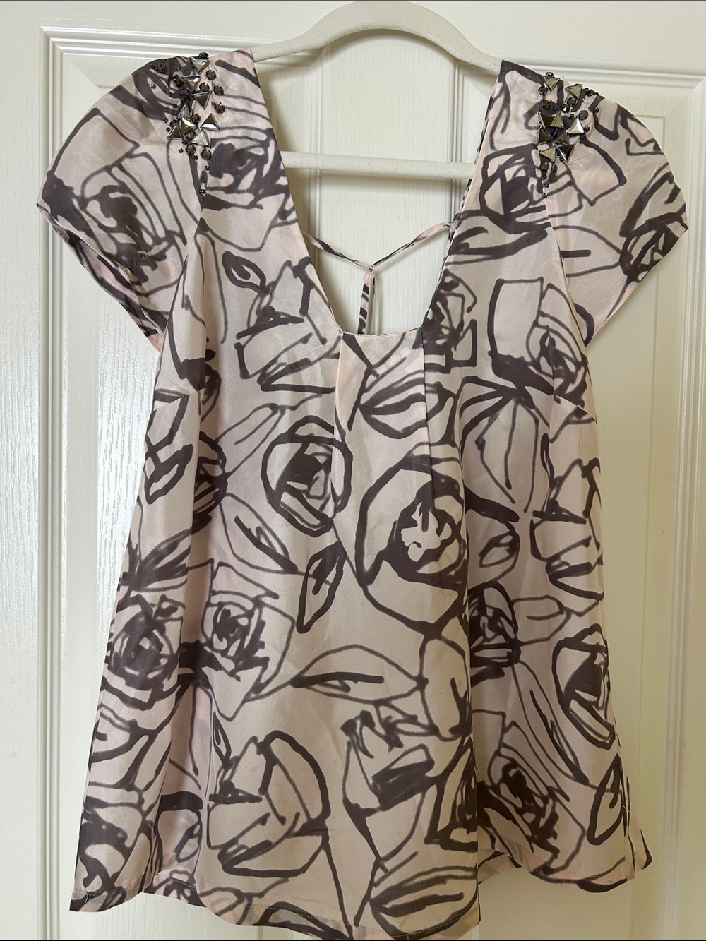 Rebecca Taylor Blush Pink and Charcoal Abstract Floral Cap-Sleeve Blouse